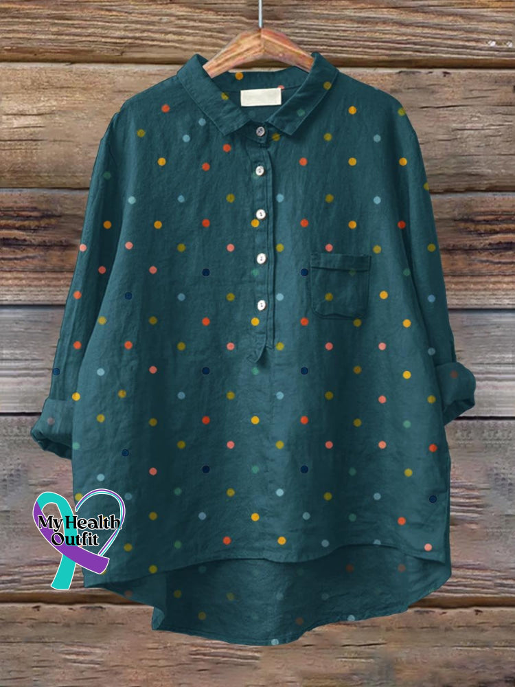 Women’s Rainbow Polka Dots Art Print Casual Cotton And Linen Shirt Deepgreen / S