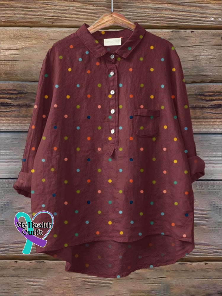 Women’s Rainbow Polka Dots Art Print Casual Cotton And Linen Shirt Maroon / S