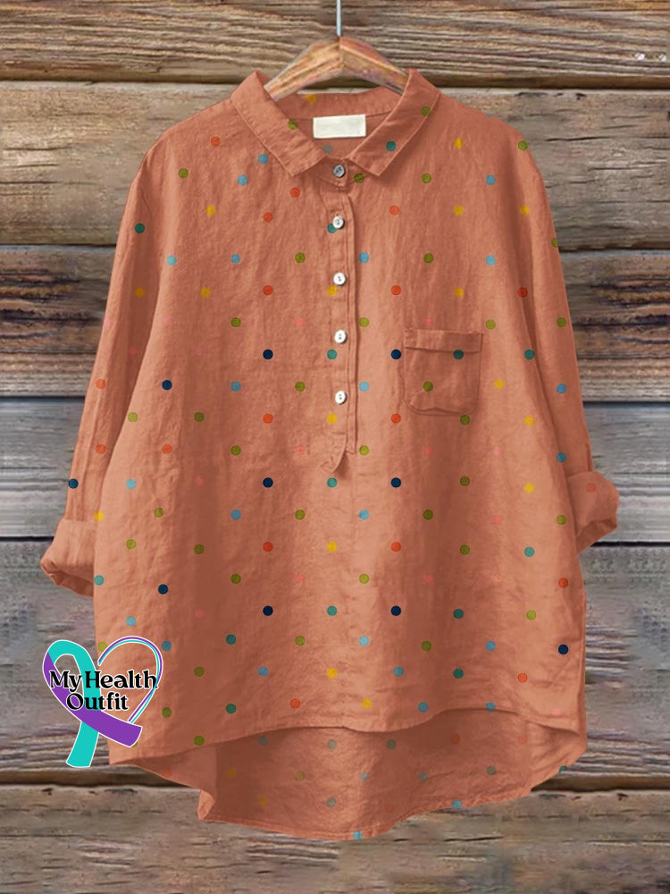 Women’s Rainbow Polka Dots Art Print Casual Cotton And Linen Shirt Orange / S