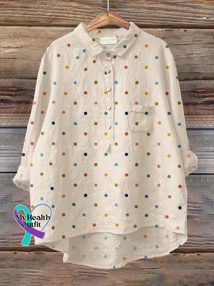 Women’s Rainbow Polka Dots Art Print Casual Cotton And Linen Shirt Sand / S