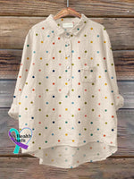 Women’s Rainbow Polka Dots Art Print Casual Cotton And Linen Shirt Sand / S