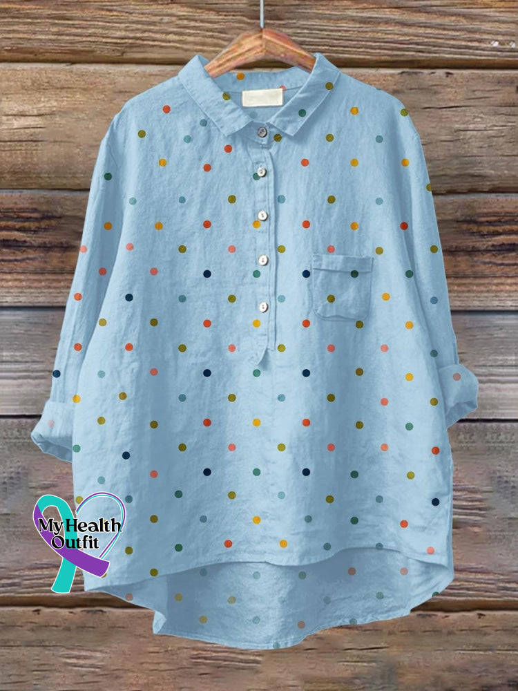 Women’s Rainbow Polka Dots Art Print Casual Cotton And Linen Shirt Sky Blue / S