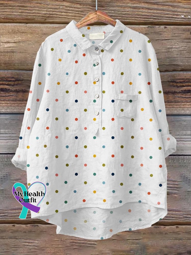 Women’s Rainbow Polka Dots Art Print Casual Cotton And Linen Shirt White / S