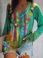 Women’s Retro Abstract Print Casual V Neck Long Sleeve Tops Multicolor / S