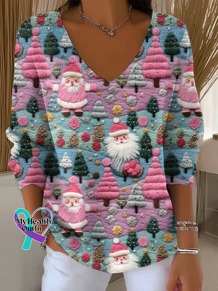Women’s Retro Christmas Santa Claus Print Long Sleeve Top As shown / S