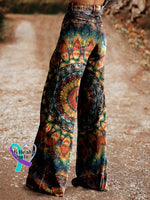 Women’s Retro Ethnic Totem Pattern Love And Peace Print Casual Wide Leg Pants