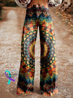 Women’s Retro Ethnic Totem Pattern Love And Peace Print Casual Wide Leg Pants Multicolor / Xs
