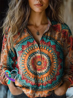 Women’s Retro Ethnic Totem Pattern Print Casual Long Sleeve Comfortable Cotton Shirt Multicolor / S