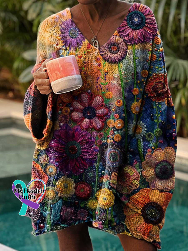 Women’s Retro Floral Art Casual Pullover Sweater Multicolor / M