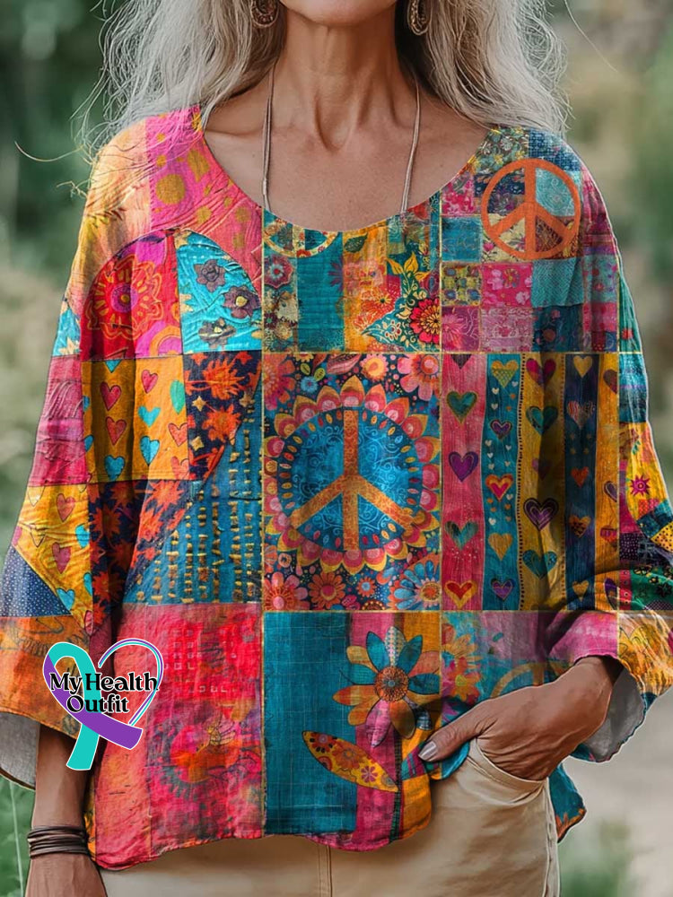 Women’s Retro Floral Heart Shape Peace Sign Print Casual Cotton And Linen Shirt Multicolor / S