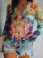 Women’s Retro Totem Print Casual V Neck Long Sleeve Tops Multicolor / S
