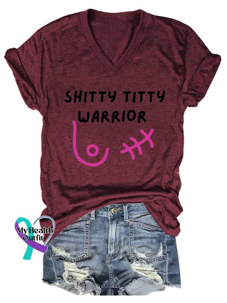 Women’s SHITTY TITTY WARRIOR Breast Cancer Awareness V neck Casual T Shirt Red / S