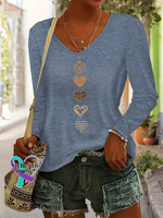 Women’s Spring/Fall Heart Print Casual V-neck Long Sleeve T-shirt Blue / S