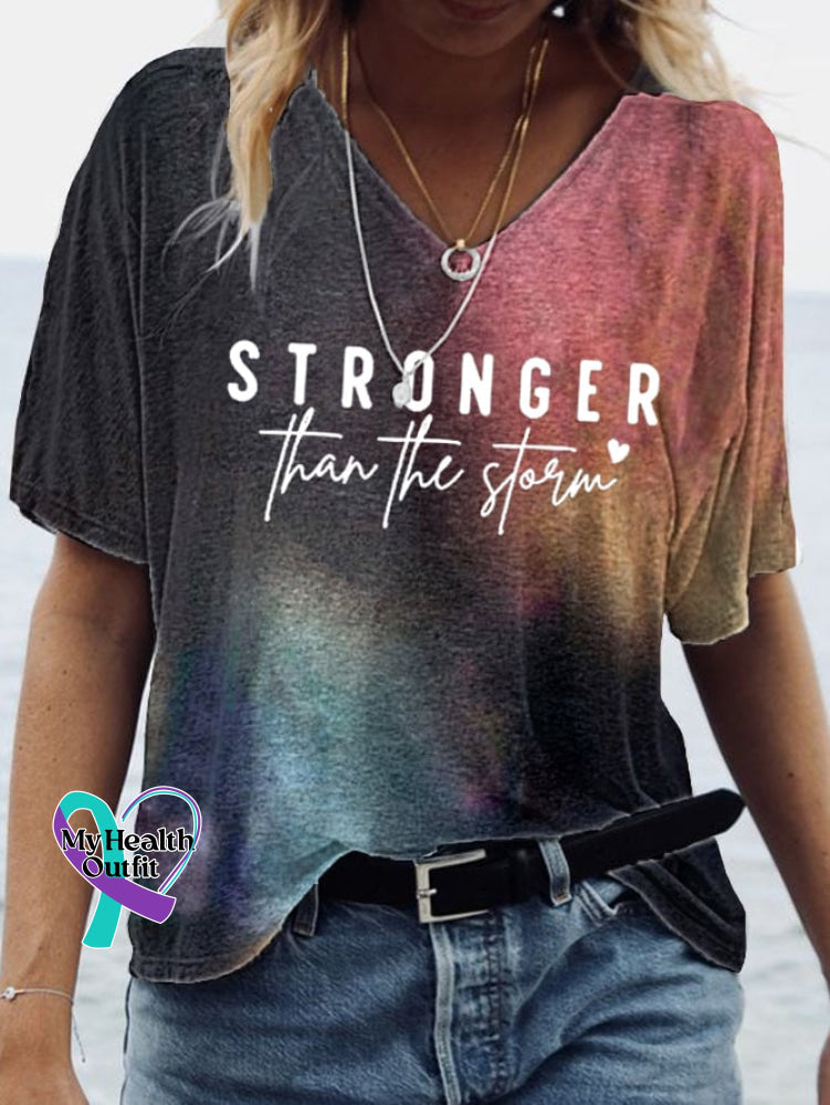 Women’s Stronger Than The Storm Tie Dyed Print Casual V-Neck Tee Picture 1 / S