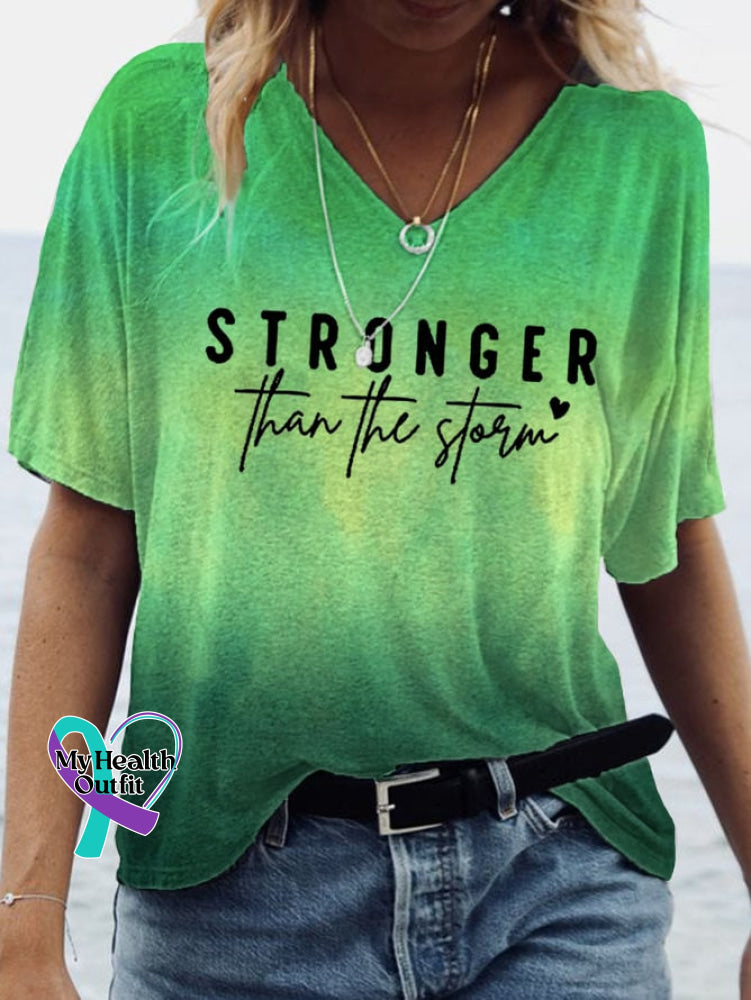 Women’s Stronger Than The Storm Tie Dyed Print Casual V-Neck Tee Picture 2 / S