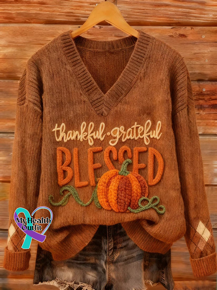 Women’s Thanksgiving Art Print V-Neck Sweater Picture 1 / S