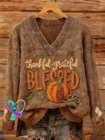 Women’s Thanksgiving Art Print V-Neck Sweater Picture 2 / S