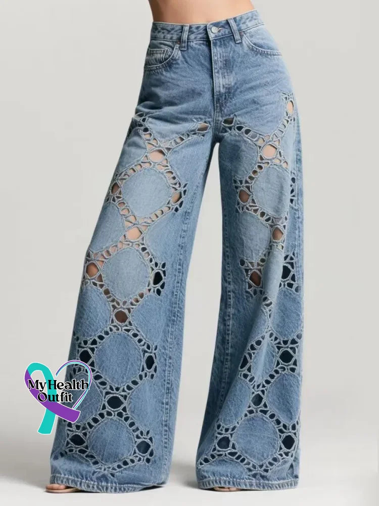 Women’s Vintage Art Print Casual Cotton Denim Jeans Blue / S