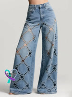 Women’s Vintage Art Print Casual Cotton Denim Jeans Blue / S