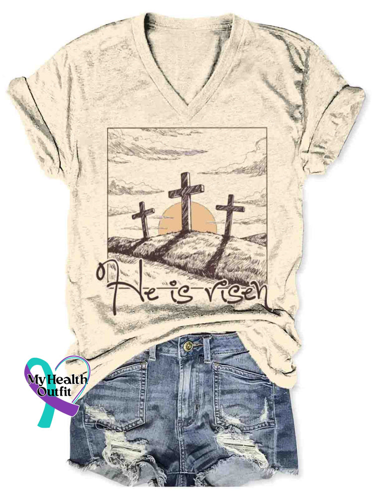 Women’s Vintage Jesus Art Print V-neck Casual T-Shirt Apricot / S
