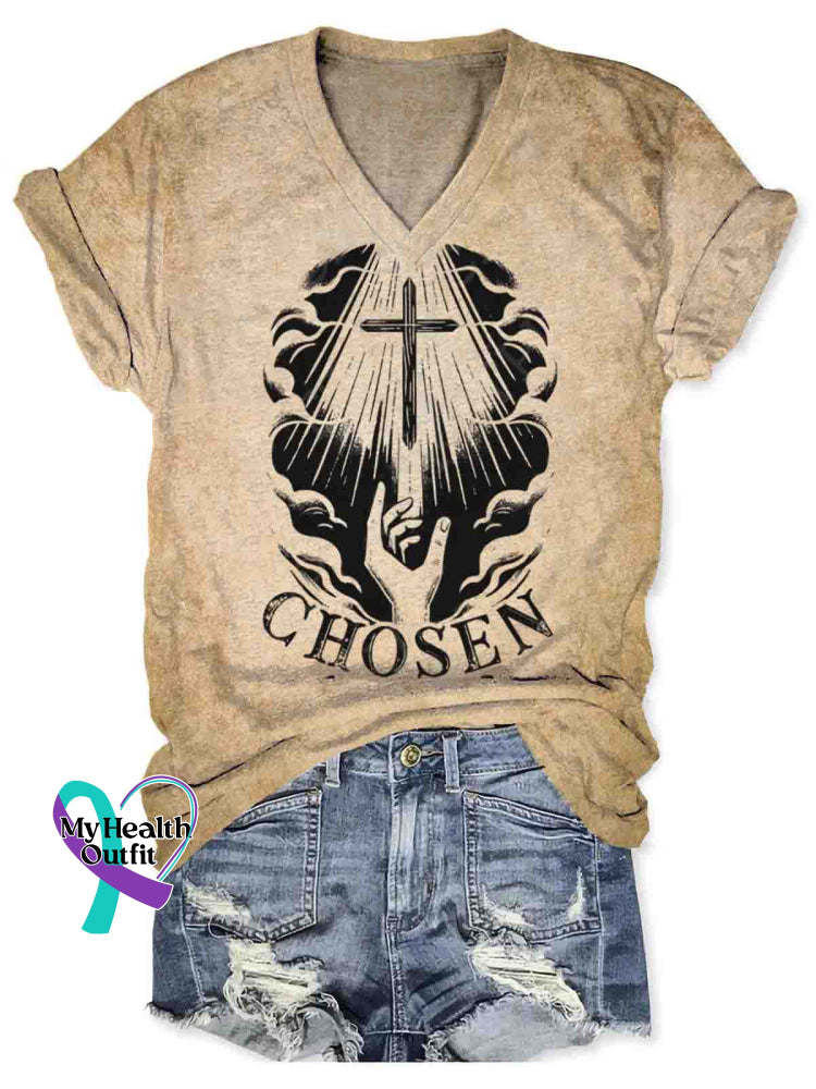 Women’s Vintage Jesus Art Print V-neck Casual T-Shirt Apricot / S