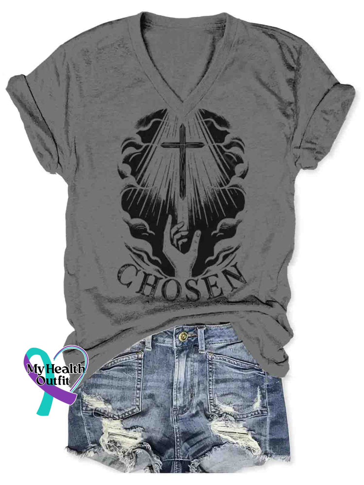 Women’s Vintage Jesus Art Print V-neck Casual T-Shirt Grey / S