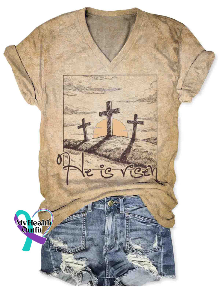Women’s Vintage Jesus Art Print V-neck Casual T-Shirt Khaki / S