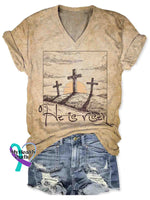 Women’s Vintage Jesus Art Print V-neck Casual T-Shirt Khaki / S