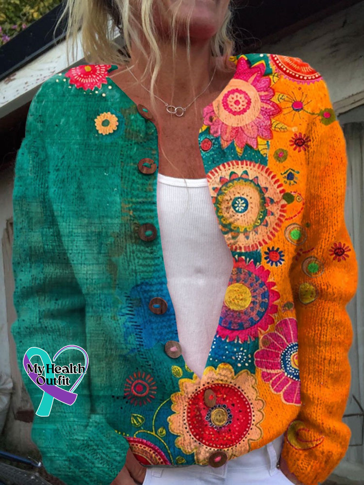Women’s Vintage Love And Peace Flower Art Print Casual Pullover Sweater Buttoned Cardigan / S