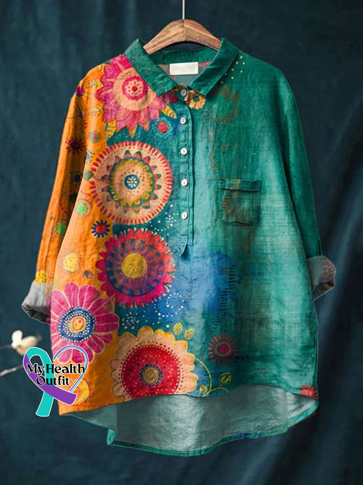 Women’s Vintage Love And Peace Flower Art Print Casual Pullover Sweater Cotton Linen Shirt / S