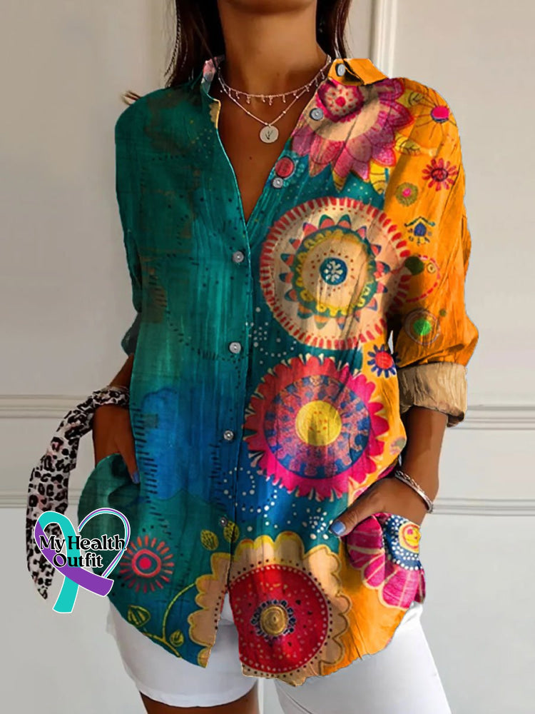 Women’s Vintage Love And Peace Flower Art Print Casual Cotton Shirt Multicolor / S