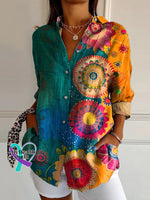 Women’s Vintage Love And Peace Flower Art Print Casual Cotton Shirt Multicolor / S