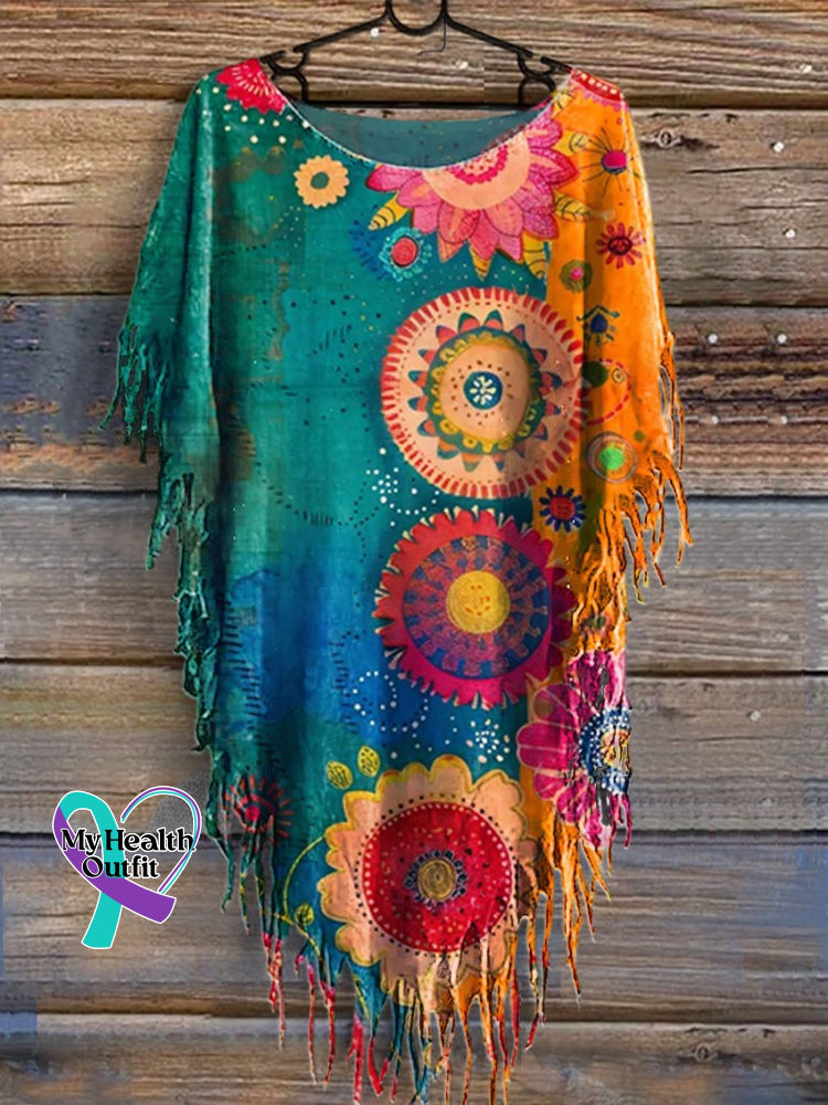 Women’s Vintage Love And Peace Flower Art Print Punk Hippie Batwing Tussle Fringes Poncho Dress