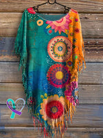 Women’s Vintage Love And Peace Flower Art Print Punk Hippie Batwing Tussle Fringes Poncho Dress