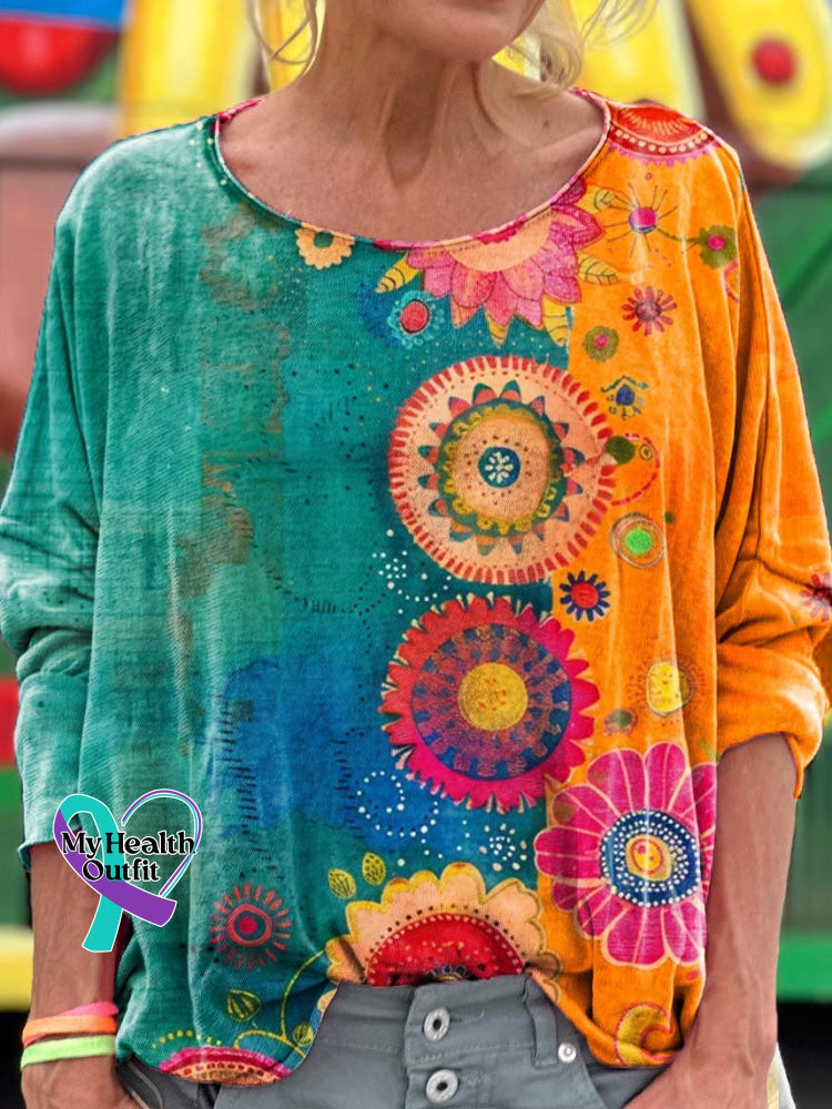 Women’s Vintage Love And Peace Flower Art Print Casual Pullover Sweater / S