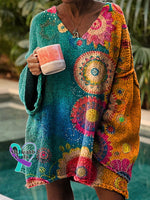 Women’s Vintage Love And Peace Flower Art Print Casual Pullover Sweater Multicolor / M