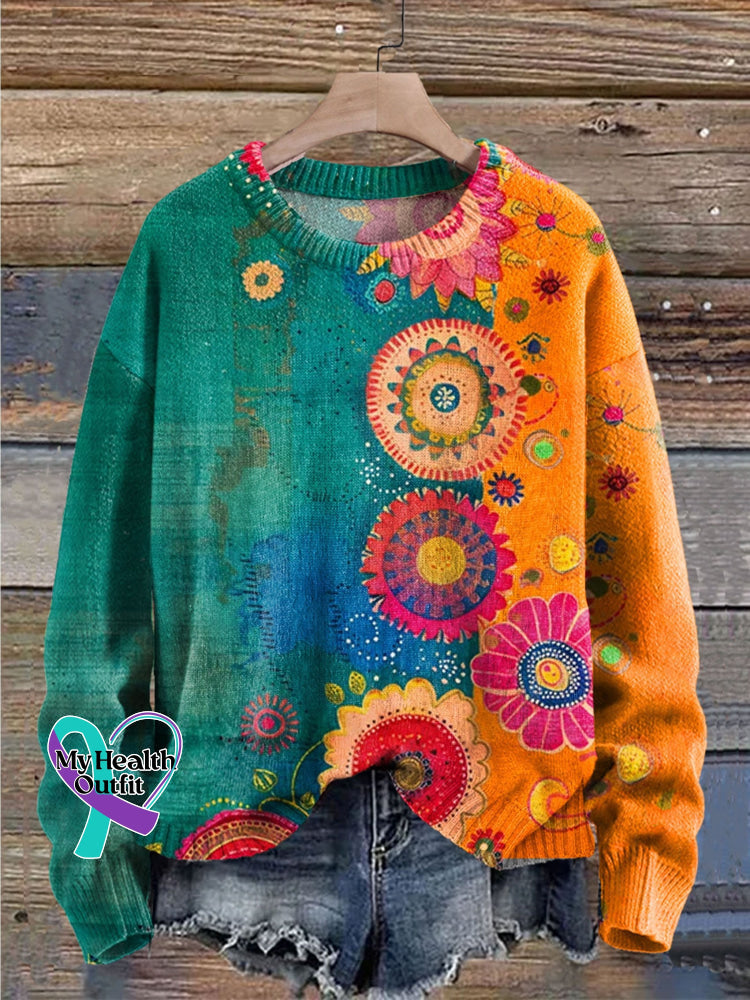 Vintage Love And Peace Flower Art Print Knit Pullover Sweater Multicolor / S