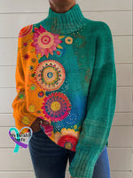Vintage Love And Peace Flower Art Print Knit Turtleneck Pullover Sweater Multicolor / S
