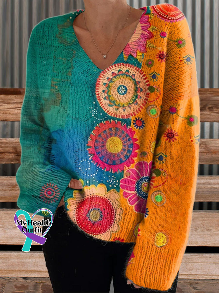 Women’s Vintage Love And Peace Flower Art Print Casual Pullover Sweater V-Neck Knit / S