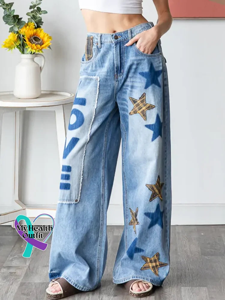 Women’s Vintage Pattern Art Print Casual Cotton Denim Jeans