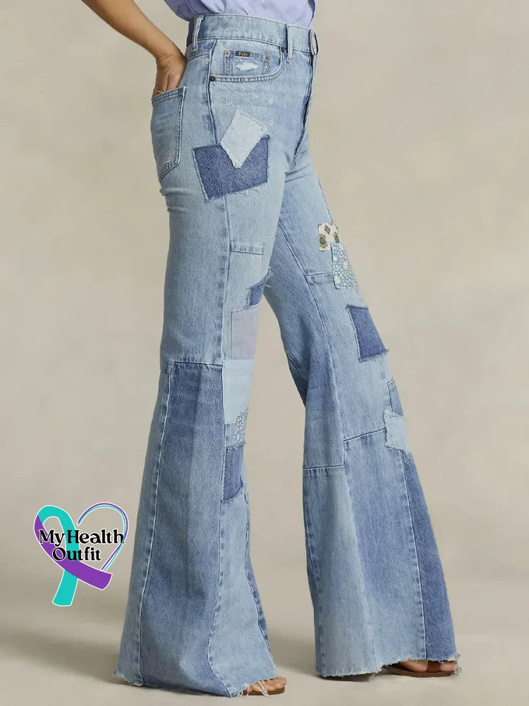 Women’s Vintage Pattern Art Print Casual Cotton Denim Jeans