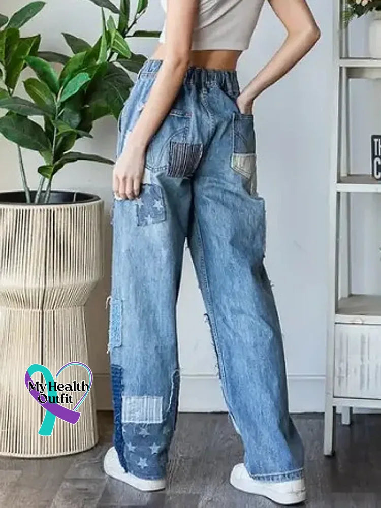 Women’s Vintage Pattern Art Print Casual Cotton Denim Jeans