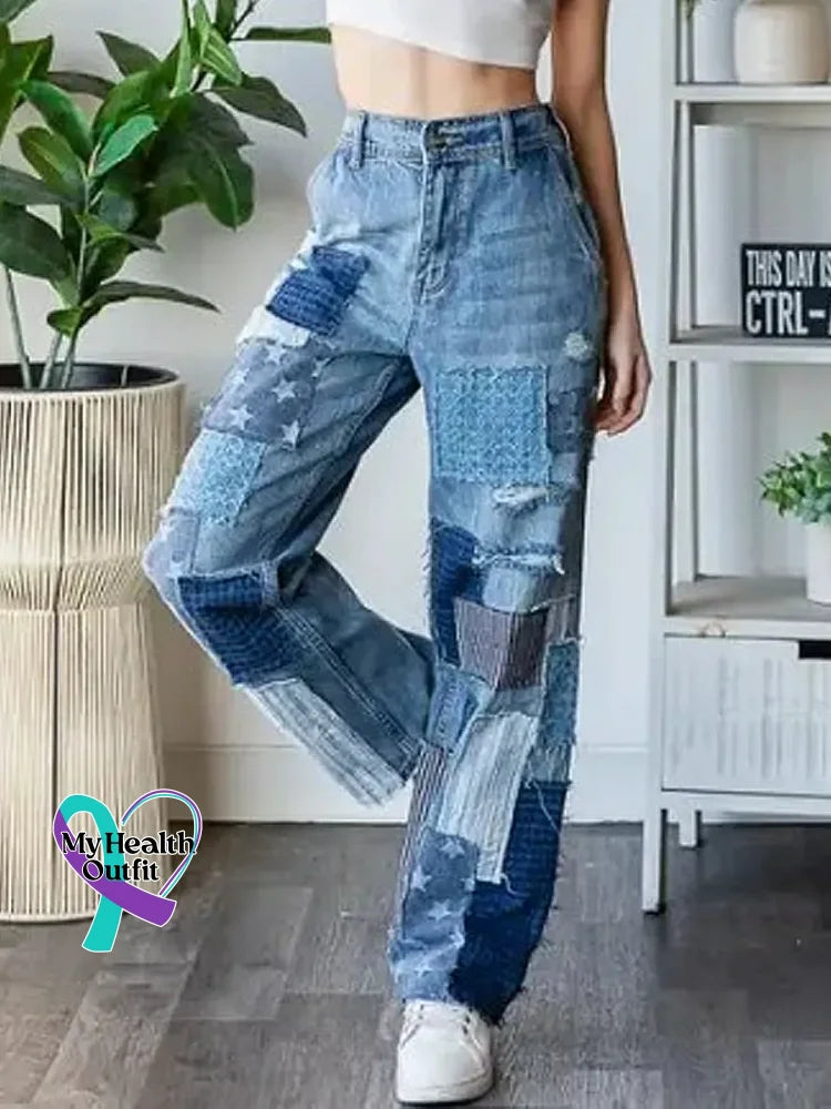 Women’s Vintage Pattern Art Print Casual Cotton Denim Jeans