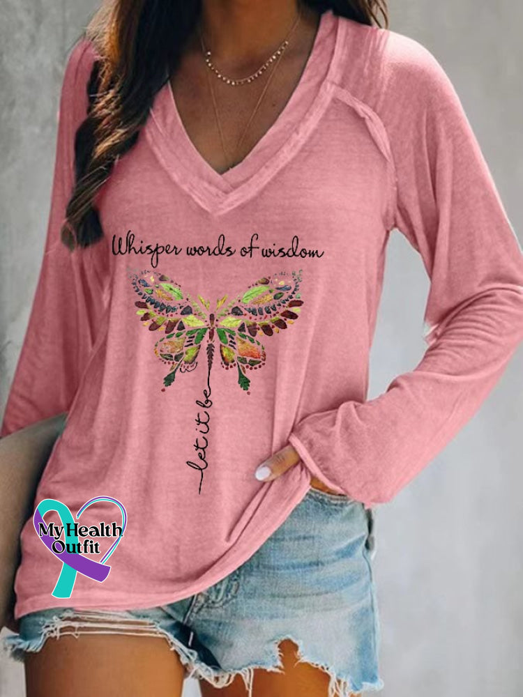 Women’s Whisper Word Of Wisdom Let It Be Print V-Neck T-Shirt Pink / S
