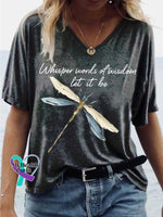 Women’s Whisper Words of Wisdom Let It Be Dragonfly V-neck Casual T-Shirt Black / S
