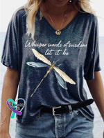 Women’s Whisper Words of Wisdom Let It Be Dragonfly V-neck Casual T-Shirt Blue / S