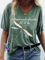 Women’s Whisper Words of Wisdom Let It Be Dragonfly V-neck Casual T-Shirt Green / S