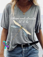 Women’s Whisper Words of Wisdom Let It Be Dragonfly V-neck Casual T-Shirt Grey / S
