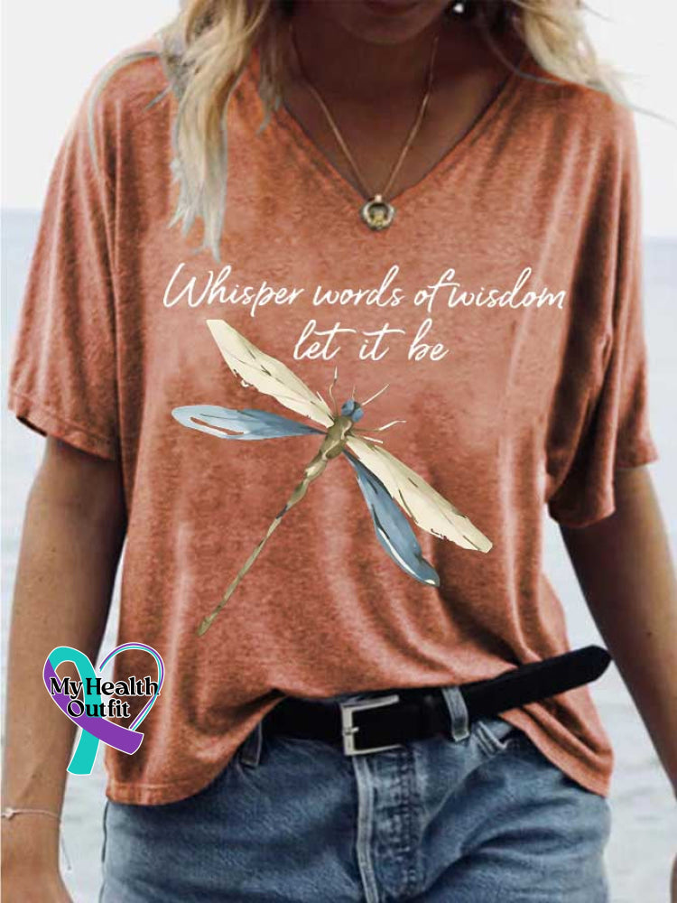 Women’s Whisper Words of Wisdom Let It Be Dragonfly V-neck Casual T-Shirt Orange / S