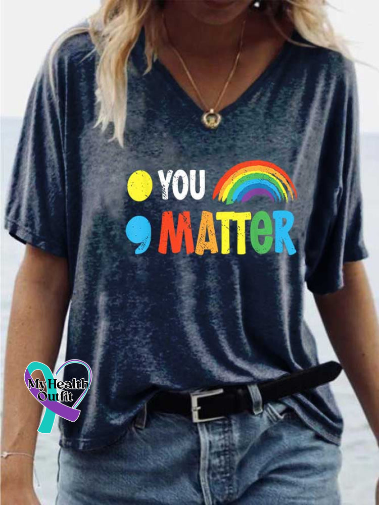 Women’s YOU MATTER Mental Health Awareness V-neck Casual T-Shirt Blue / S